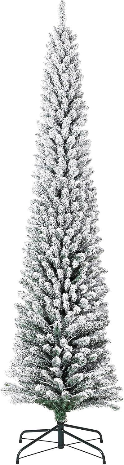 Maxxis Merch - 9ft Pre-Lit Flocked LED Pencil Christmas Tree, Slim, Hinged Metal Stand for Home or Office Holiday Decor - Green