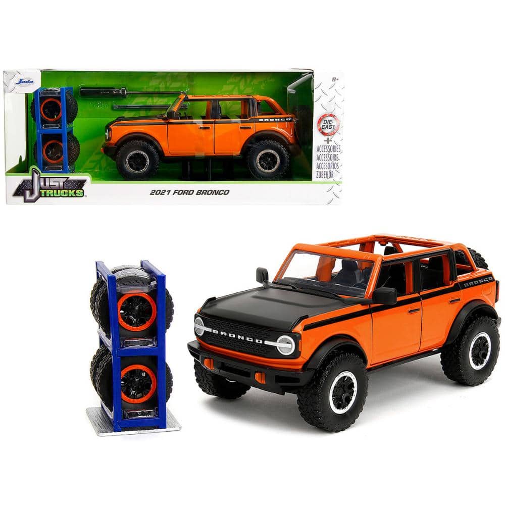 Jada - 2021 Ford Bronco Open-Top and Hood with Extra Wheels "Just Trucks" Series 1/24 - Orange with Black Stripes