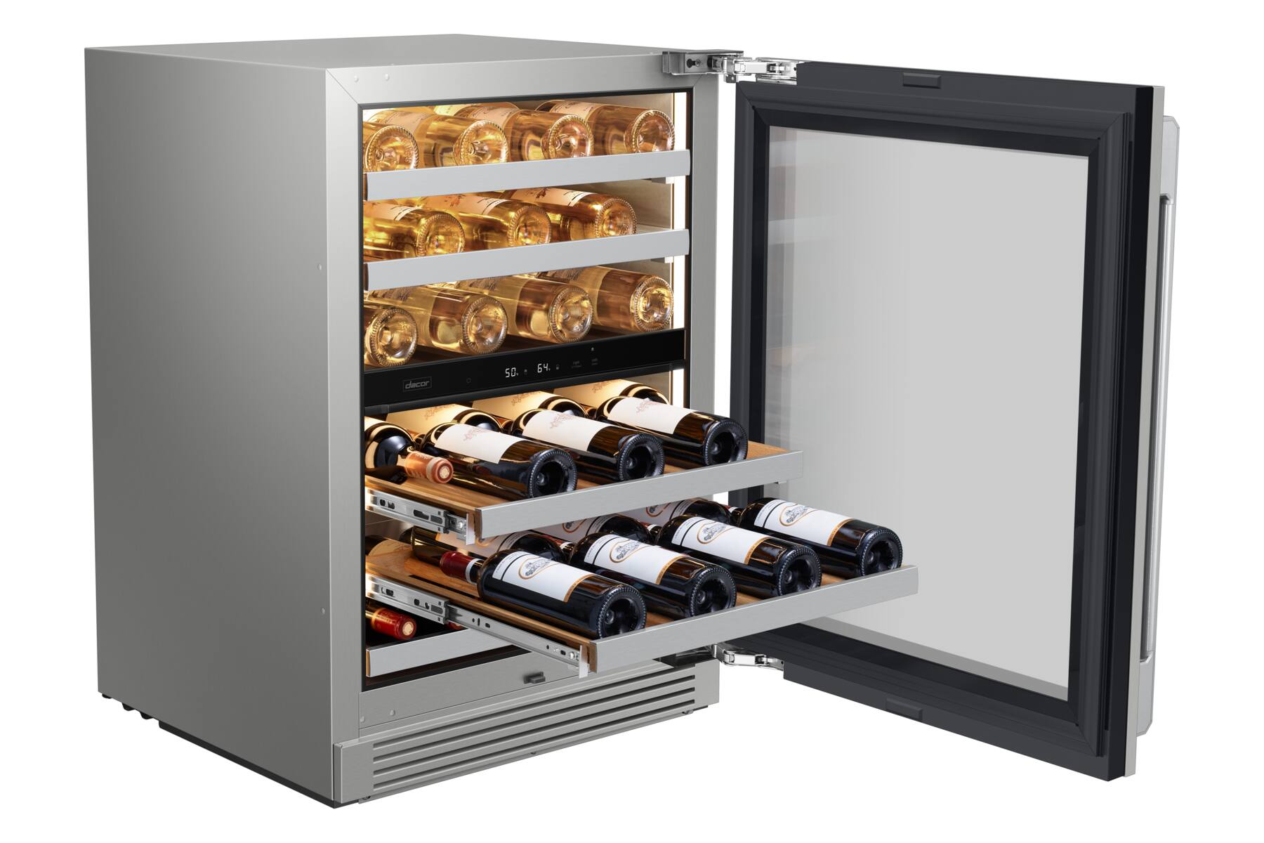 The text on the image reads "lecor 50. 54." However, it is not clear what this refers to. It could be a reference to the temperature settings of the wine refrigerator or a code related to the wine storage.