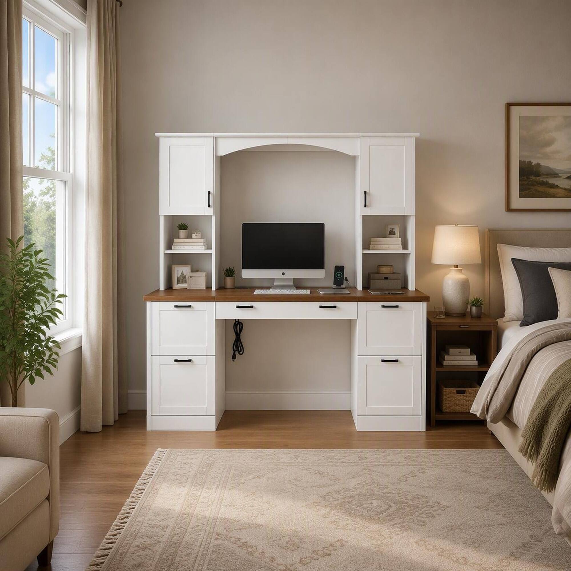 Left. RYHNUYNE - Farmhouse Arched Computer Desk with Hutch, Walnut, White Finish, Charging Station and Keyboard Tray, 67.4 inches Wide - White.