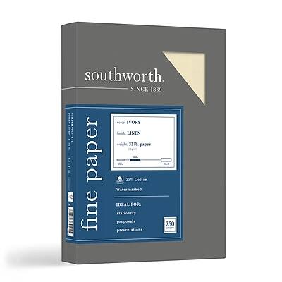 Southworth  
SINCE 1839  

fine paper  
color: IVORY  
finish: LINEN  
weight: 32# paper  

25% Cotton  
Watermarked  

IDEAL FOR:  
stationery  
proposals  
presentations  

250