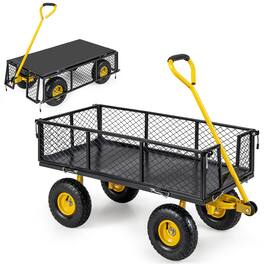 Gymax - Utility Garden Wagon Outdoor Platform Cart w/4 Removable Side Panels 10'' Wheels - Yellow, Black