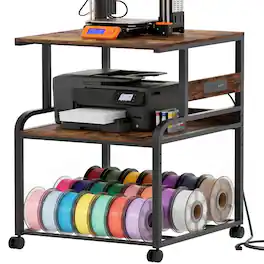 Aheaplus - Heavy Duty Rolling 3D Printer Stand with Power Outlet & Filament Storage - 3-Tier Lockable Cart for Home Office - Rustic Brown