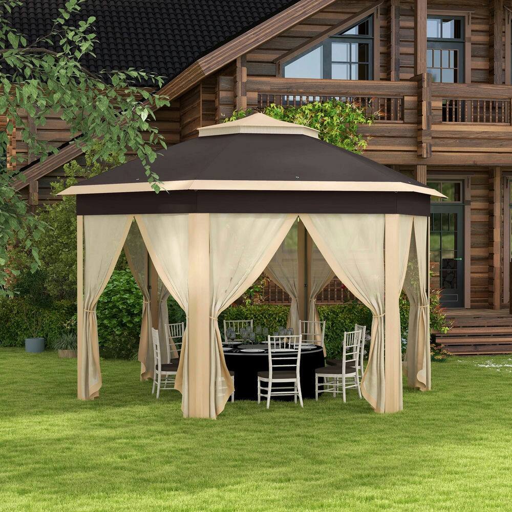 Angle. Spaco - Spaco 13'x13' Pop Up Gazebo Hexagonal Canopy Shelter,6 Zippered Mesh Netting - Beige.