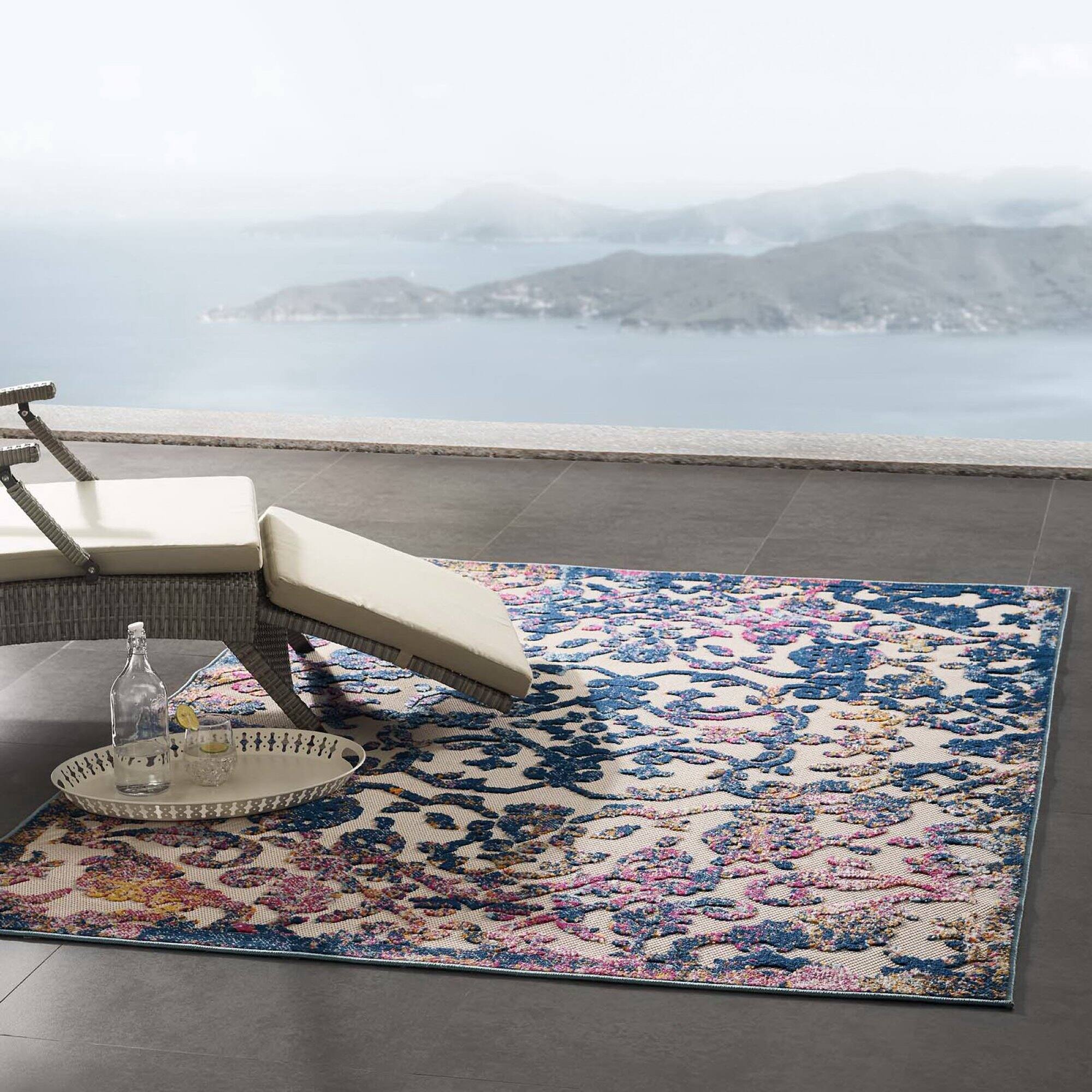 Left. Modway - Reflect Primrose Ornate Floral Lattice Indoor/Outdoor Area Rug - Ivory Dark Blue Multicolored.
