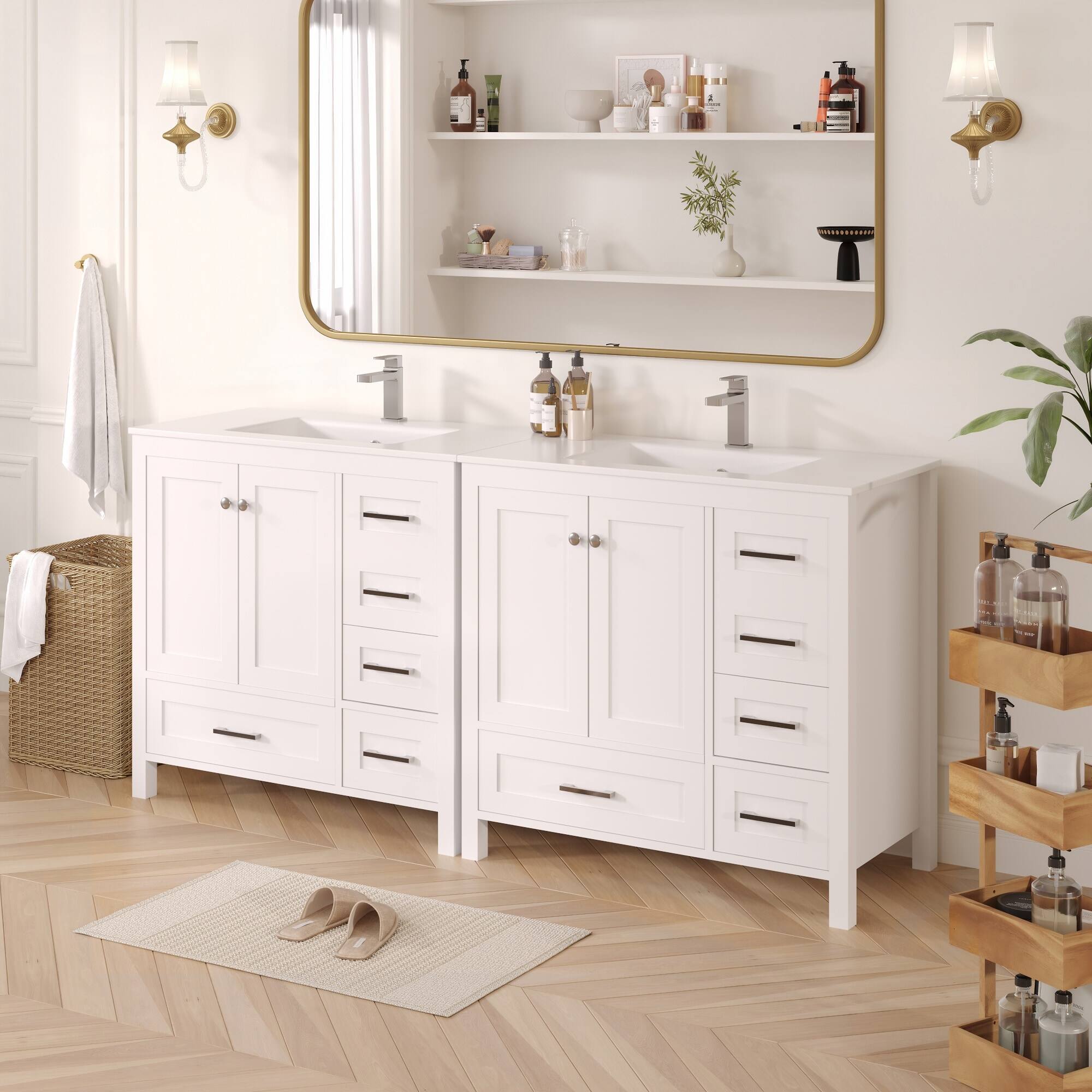 Alt View 7. U-HOMY - Modern Bathroom Vanity with Ceramic Sink, Soft-Close Storage Cabinet and Drawer, Glossy Countertop, White - 36"x18".