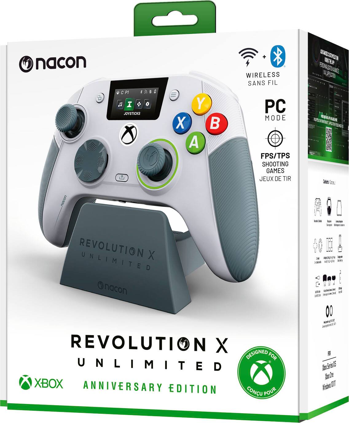 nacon  
i A C JOYSTICKS Y X A WIRELESS SANS FIL PC MODE FPS/TPS SHOOTING GAMES JEUX DE TIR  
nacon REVOLUTION X UNLIMITED  
nacon gr HEN RE)A 2P  
1 OR/ SE REVOLUTION X DESIGNED FOR UNLIMITED XBOX ANNIVERSARY EDITION CONU POUR NEwarSt 2012 F Ier See5 . Frahe DR