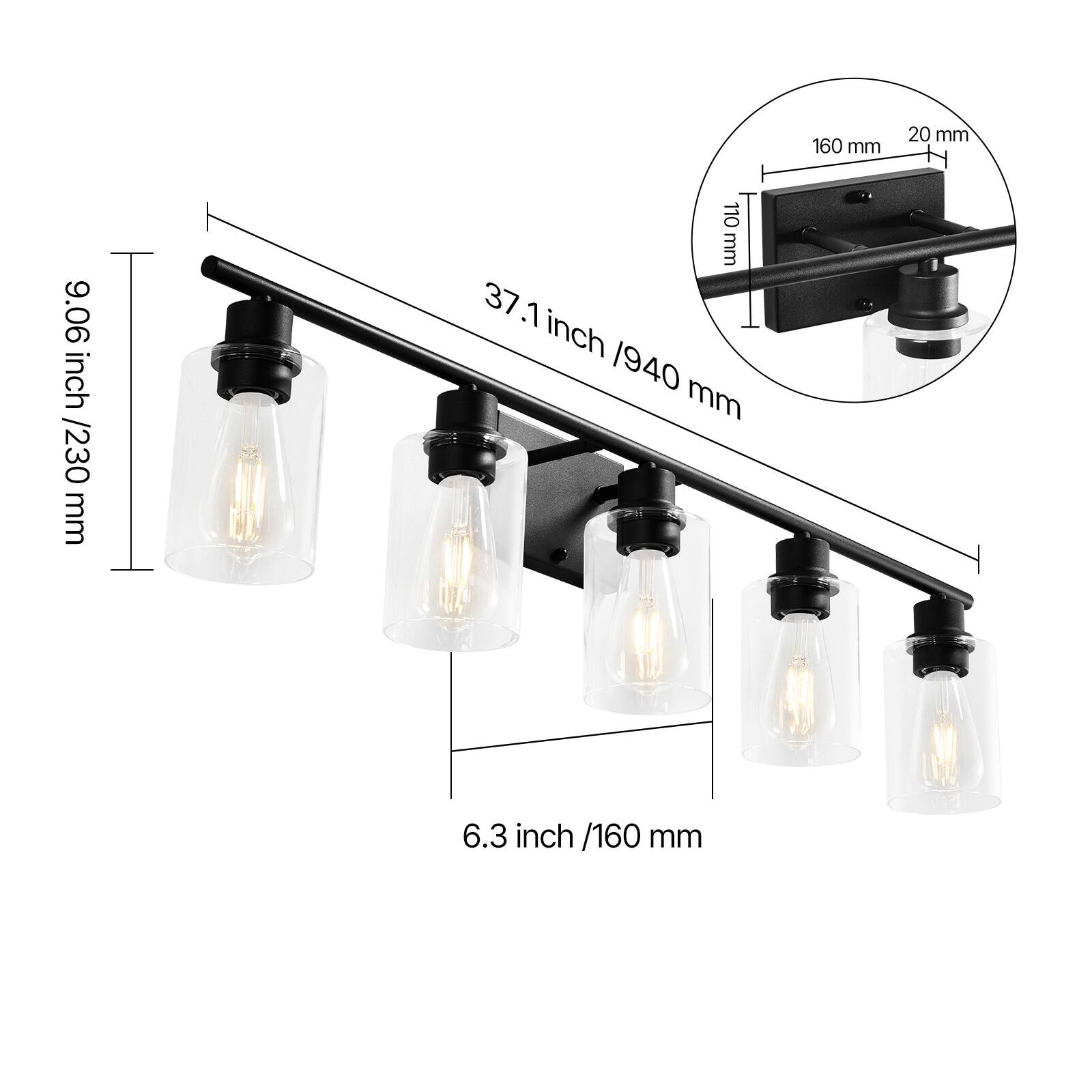 160 mm, 20 mm, 9.06 inch /230 mm, 37.1 inch /940 mm, 6.3 inch /160 mm