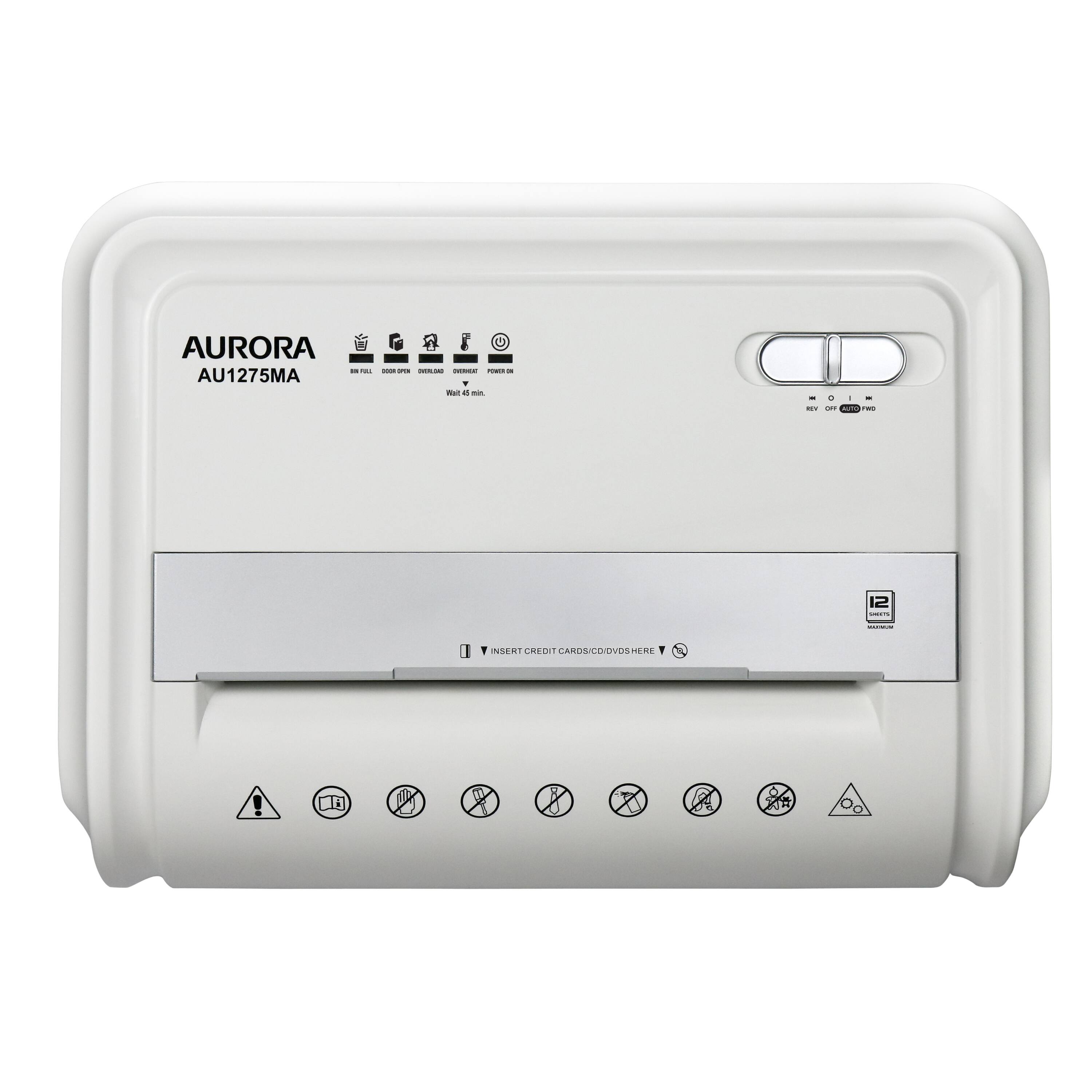 AURORA  
AU1275MA  

- SNAIL  
- DOOR OPEN  
- OVERLOAD  
- DRAINAGE  
- POWER ON  

Wait 4 min.  

INSERT CREDIT CARDS/CIDVDS HERE  

- ON  
- OFF  
- PROG  

12 MONTHS WARRANTY  

INSERT CREDIT  

- DO NOT OPEN  
- NO SMOKING  
- NO FOOD OR DRINK  
- NO FLAMMABLE SUBSTANCES  
- NO CHILDREN  
- NO STANDING ON MACHINE