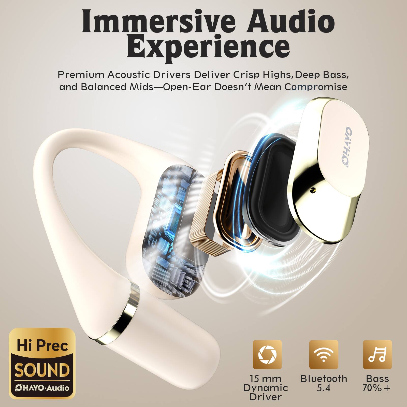 Immersive Audio Experience

Premium Acoustic Drivers Deliver Crisp Highs, Deep Bass, and Balanced Mids—Open-Ear Doesn't Mean Compromise

OHAYO Hi Prec SOUND

OHAYO-Audio

15 mm Bluetooth Bass Dynamic 5.4 70% + Driver