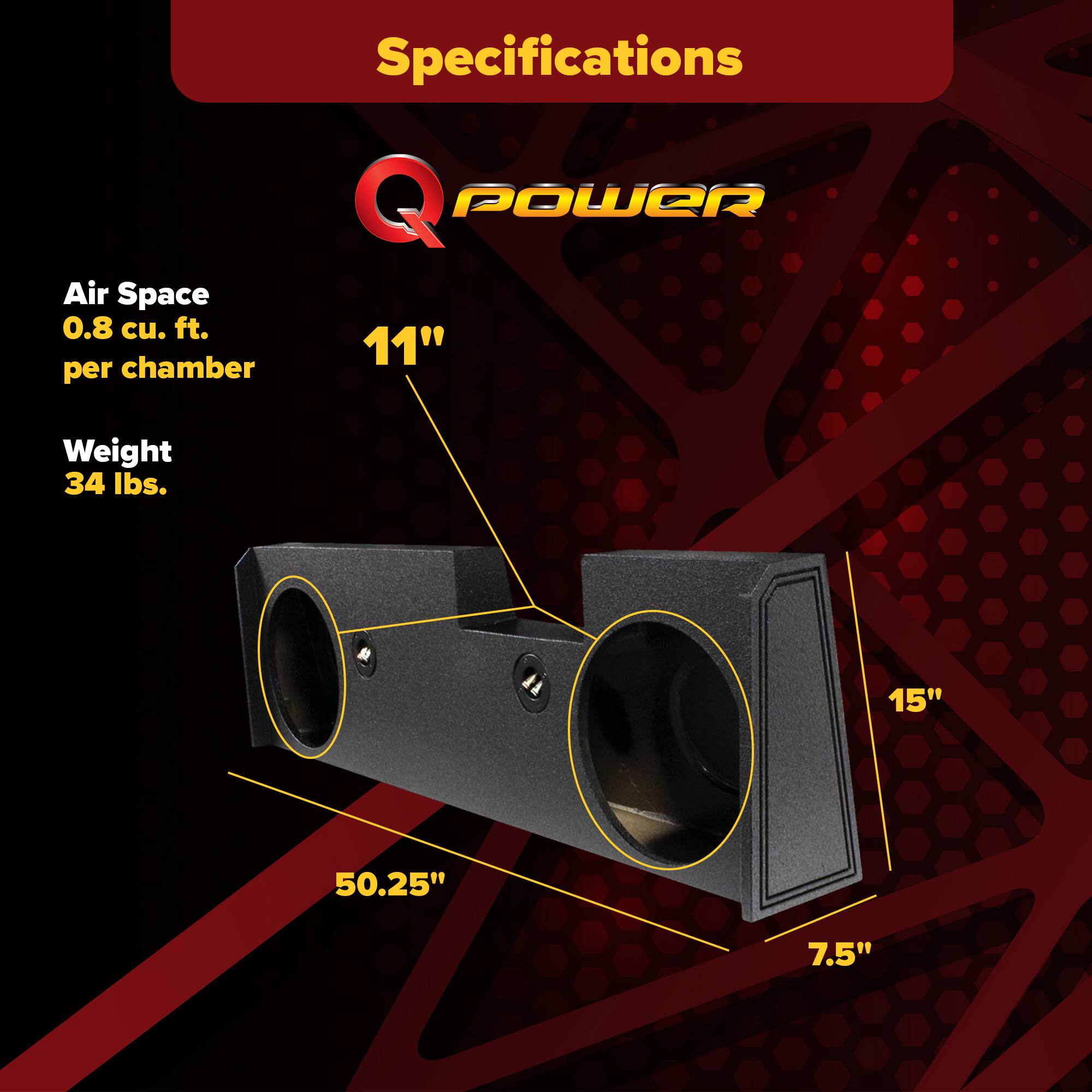 Specifications  
Q POWER  
Air Space: 0.8 cu. ft. per chamber  
Weight: 34 lbs.  
Dimensions: 11" x 15" x 50.25" x 7.5"