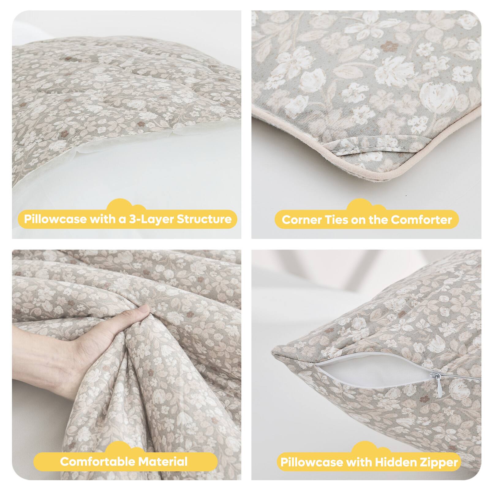 Pillowcase with a 3-Layer Structure  
Corner Ties on the Comforter  
Comfortable Material  
Pillowcase with Hidden Zipper