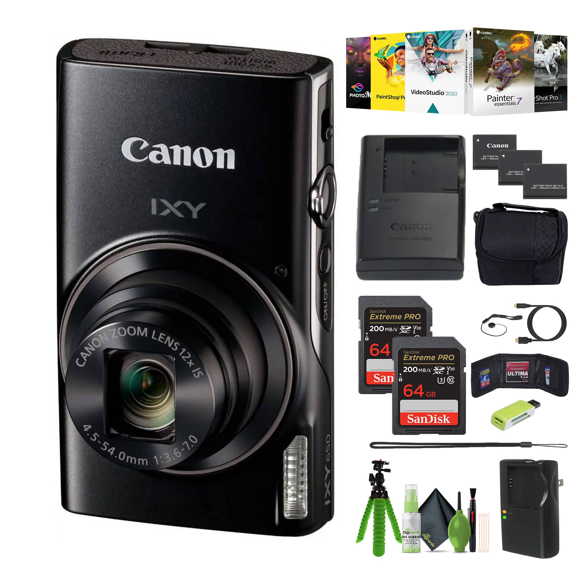 Canon - Compact Digital Camera IXY 650 12x Optical Zoom IXY650 - Bundle (International Version) - Black