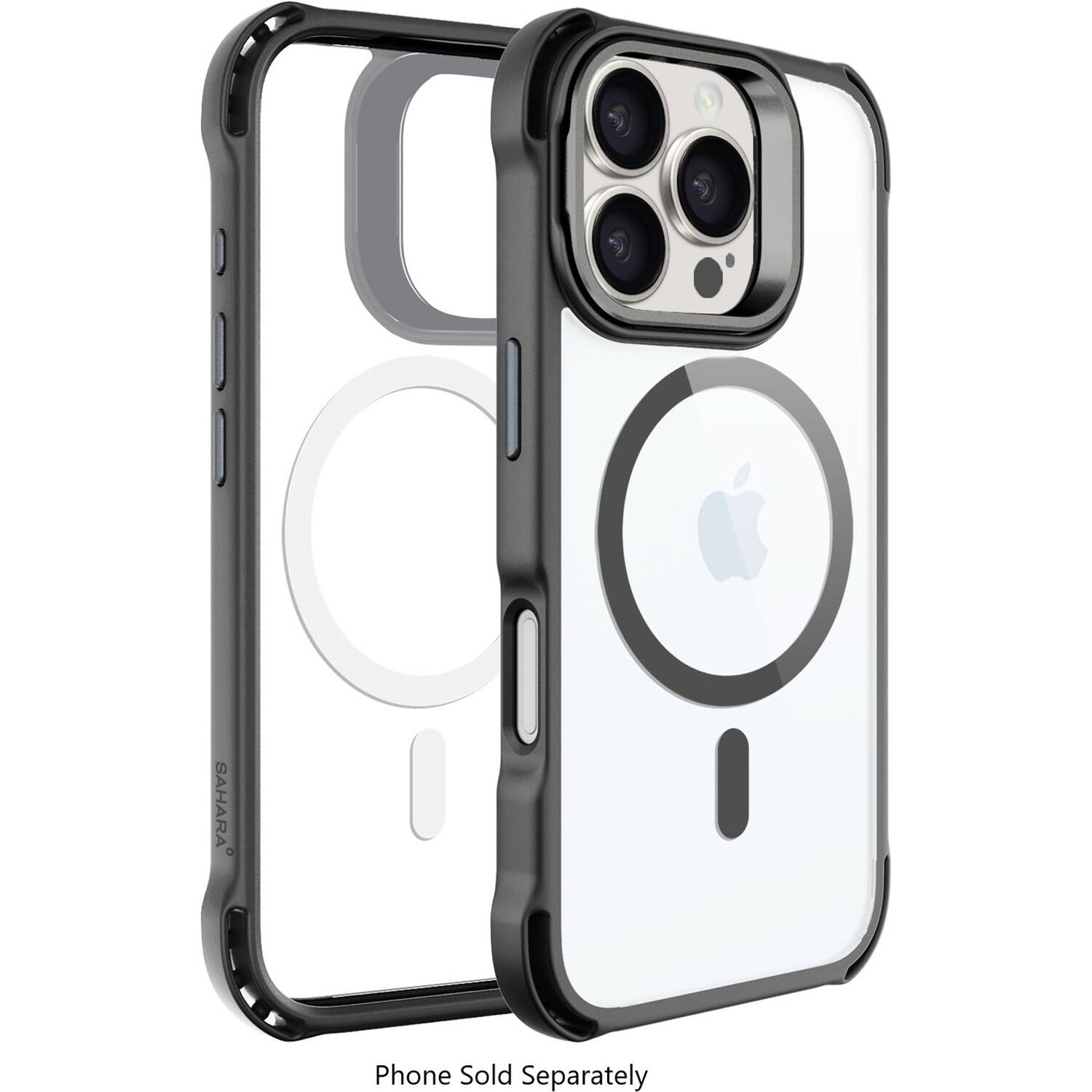 The image features a white iPhone case with a black frame and a clear back. The case has a camera lens cover on the back, which is designed to protect the camera lens. The case is made of hard plastic and is available for the iPhone 7 and 7 Plus. The case is sold separately, and the phone is not included.