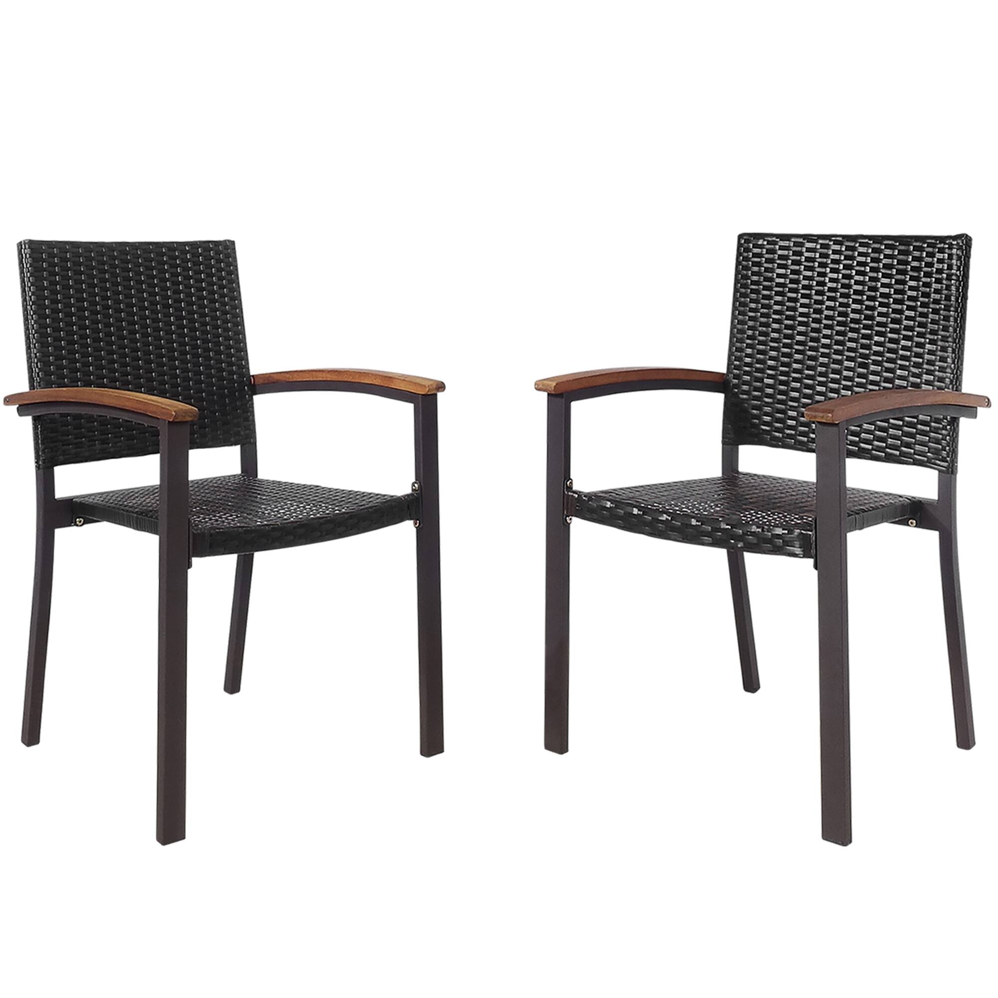 Front. Costway - Costway Set of 2 Outdoor Patio PE Rattan Dining Chairs Armrest Stackable Garden - Brown.