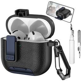 Dteck - Earphone Case for Apple Airpods 4th Gen with Phone Holder & Keychain,Leather Texture Earbuds Cover for Man Women - Blueblack