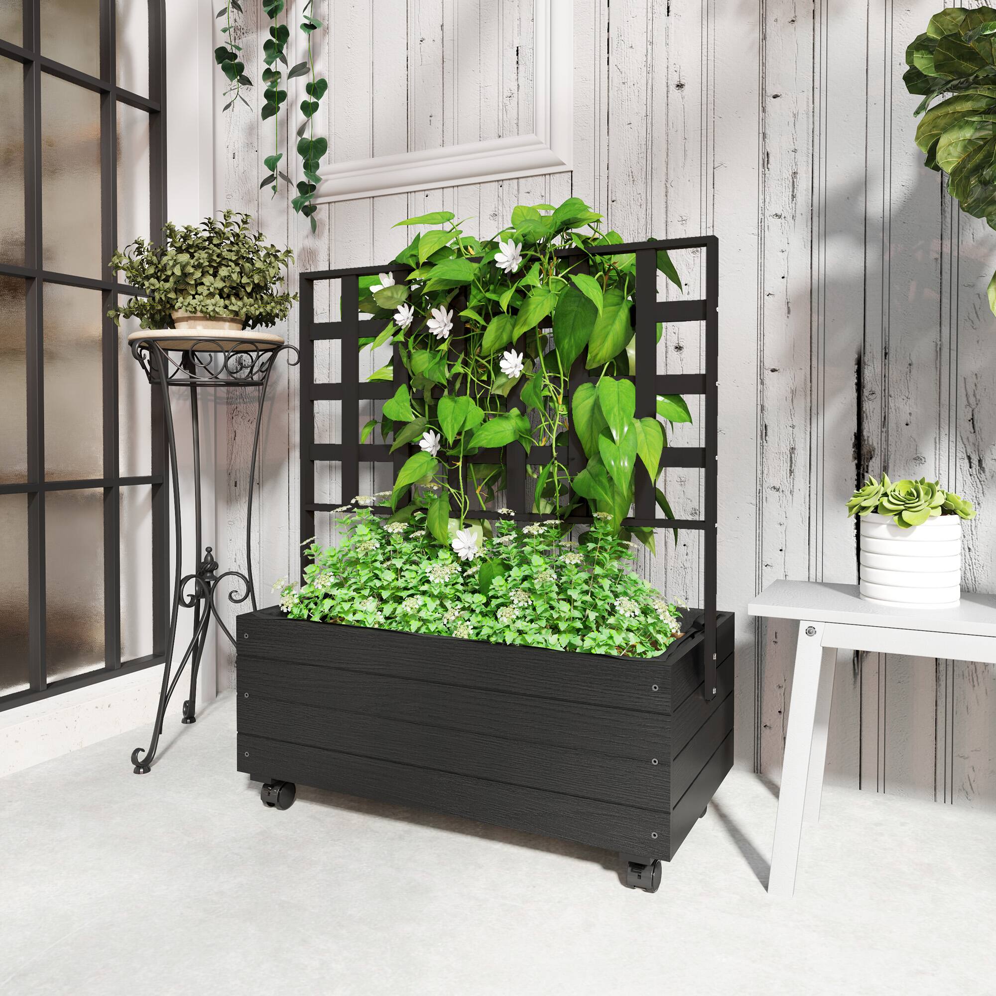 Alt View 1. Outsunny - Raised Garden Bed with Trellis and Wheels, Outdoor Wooden Elevated Planter Box - Black.