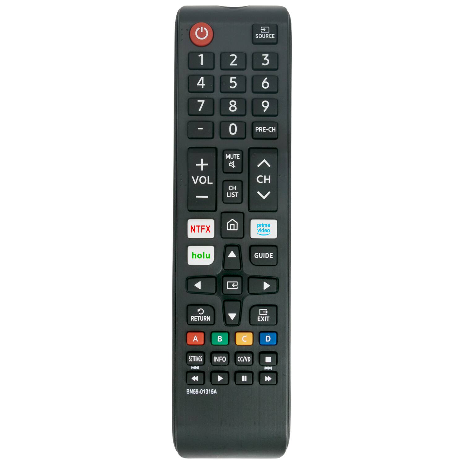 2 SOURCE 1 4 7 - 2 5 8 0 3 6 9 PRE-CH + VOL - MUTE 4 CH LIST CH NTFX prime video holu GUIDE RETURN EXIT A B C D SETTINGS H INFO CC/VD - 44 I  BN59-01315A