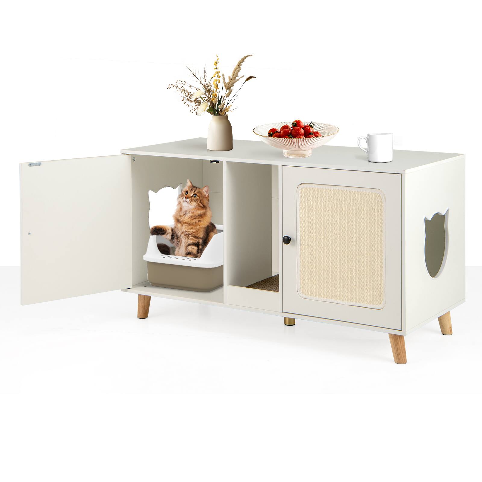 Alt View 9. Gymax - Gymax 43'' Cat Litter Box Enclosure for 2 Cats w/ Double Rooms 2 Sisal Scratching Mats White - White.