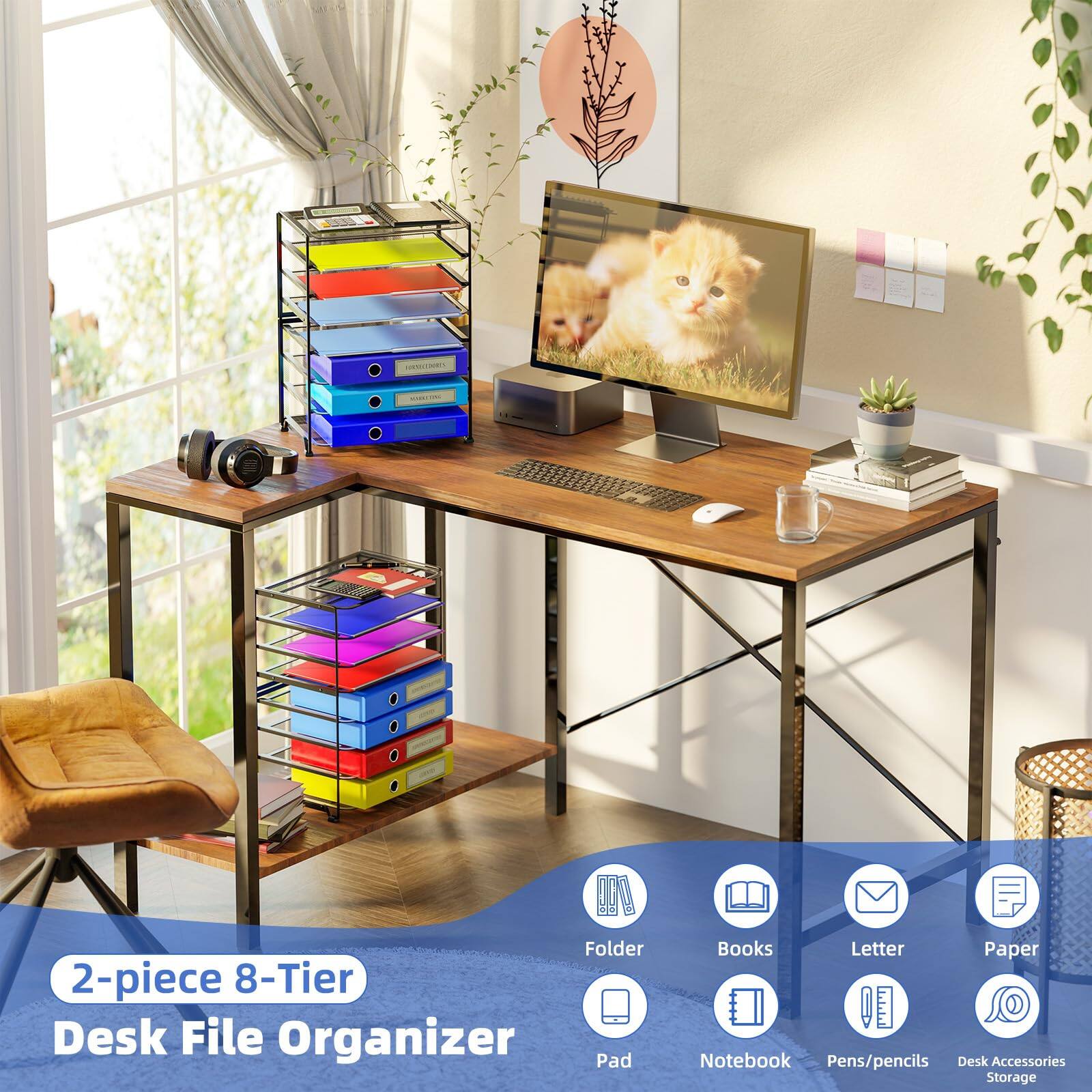 2-piece 8-Tier Desk File Organizer

- Folder
- Books
- Letter
- Paper
- Pad
- Notebook
- Pens/pencils
- Desk Accessories Storage