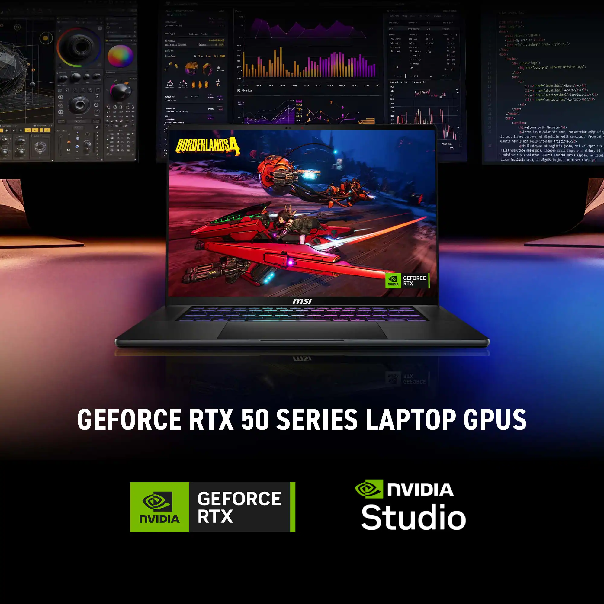 - - - F Nte i - Vo Me. shoun - - - .  a - I - | I I I BORDERLANDSA - - en - Ir22 C% aU -% - - - -. C S - - Wa -  -  - - + RE Ce  -- - - A MEn - - - - - Sginia -. - - - - - - - traaa - - - NT 3o - ue ma Nio - - inopr M - - - - - Velargue - AUNO - srim -  - I - - Sia - - - GEFORCE I MTX mi IW KIX DELONCE GEFORCE RTX 50 SERIES LAPTOP GPUS GEFORCE NVIDIA RTX NVIDIA Studio