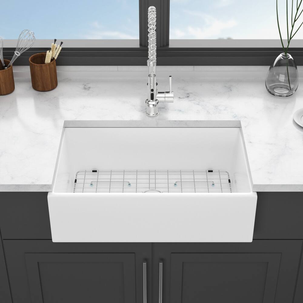 Left. JUJABU - 33 White Farmhouse Kitchen Sink Undermount Single Bowl Apron Front - White.