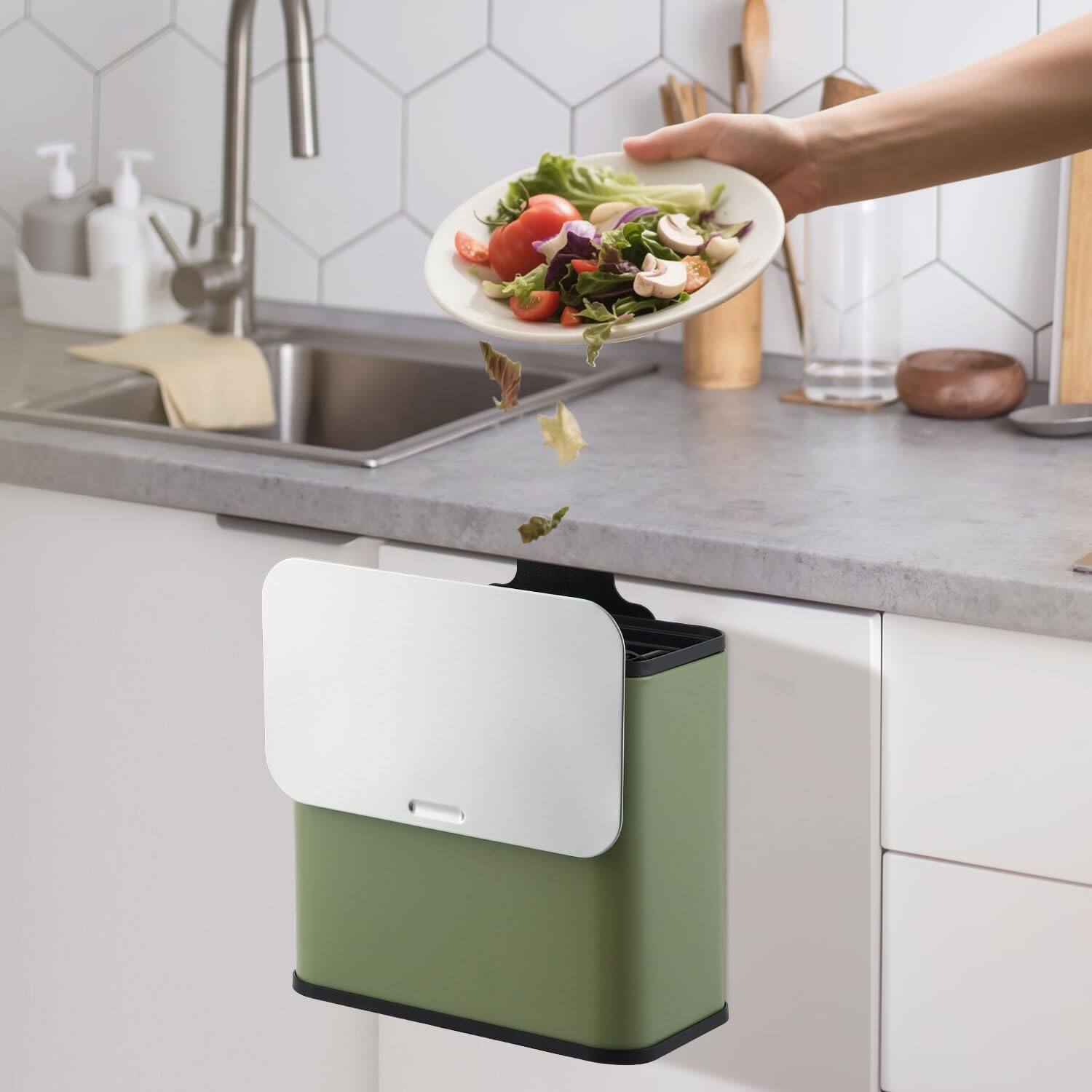 Left. Acekool - 1.3 Gallon/5L Hanging Small Trash Can, Stainless Steel Garbage Can with Lid.