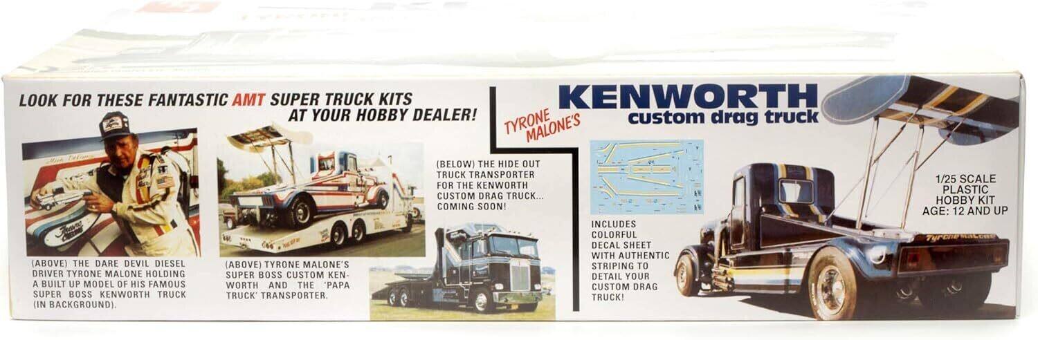 LOOK FOR THESE FANTASTIC AMT SUPER TRUCK KITS AT YOUR HOBBY DEALER!

KENWORTH custom drag truck

(ABOVE) THE DARE DEVIL DIESEL
DRIVER TYRONE MALONE HOLDING A BUILT UP MODEL OF HIS FAMOUS SUPER BOSS KENWORTH TRUCK (IN BACKGROUND).

(ABOVE) TYRONE MALONE'S SUPER BOSS CUSTOM KENWORTH AND THE "PAPA" TRUCK TRANSPORTER.

(BELOW) THE HIDE OUT TRUCK TRANSPORTER FOR THE KENWORTH CUSTOM DRAG TRUCK... COMING SOON!

INCLUDES COLORFUL DECAL SHEET WITH AUTHENTIC STRIPING TO DETAIL YOUR CUSTOM DRAG TRUCK!

1/25 SCALE PLASTIC HOBBY KIT
AGE: 12 AND UP