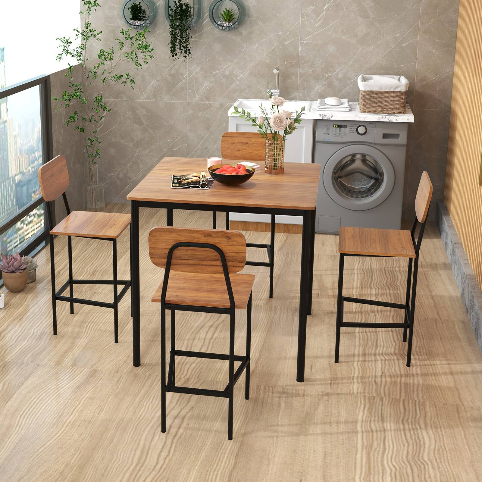 Angle. SlickBlue - 5-Piece Industrial Dining Set with Counter Height Table and 4 Bar Stools - Walnut.