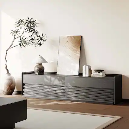 Front. POVISON - 71"Fully-Assembled Mid-Century TV Stand, Black Modern Cabinet with Adjustable Light, Perfect for 65-inch TVs - Black.