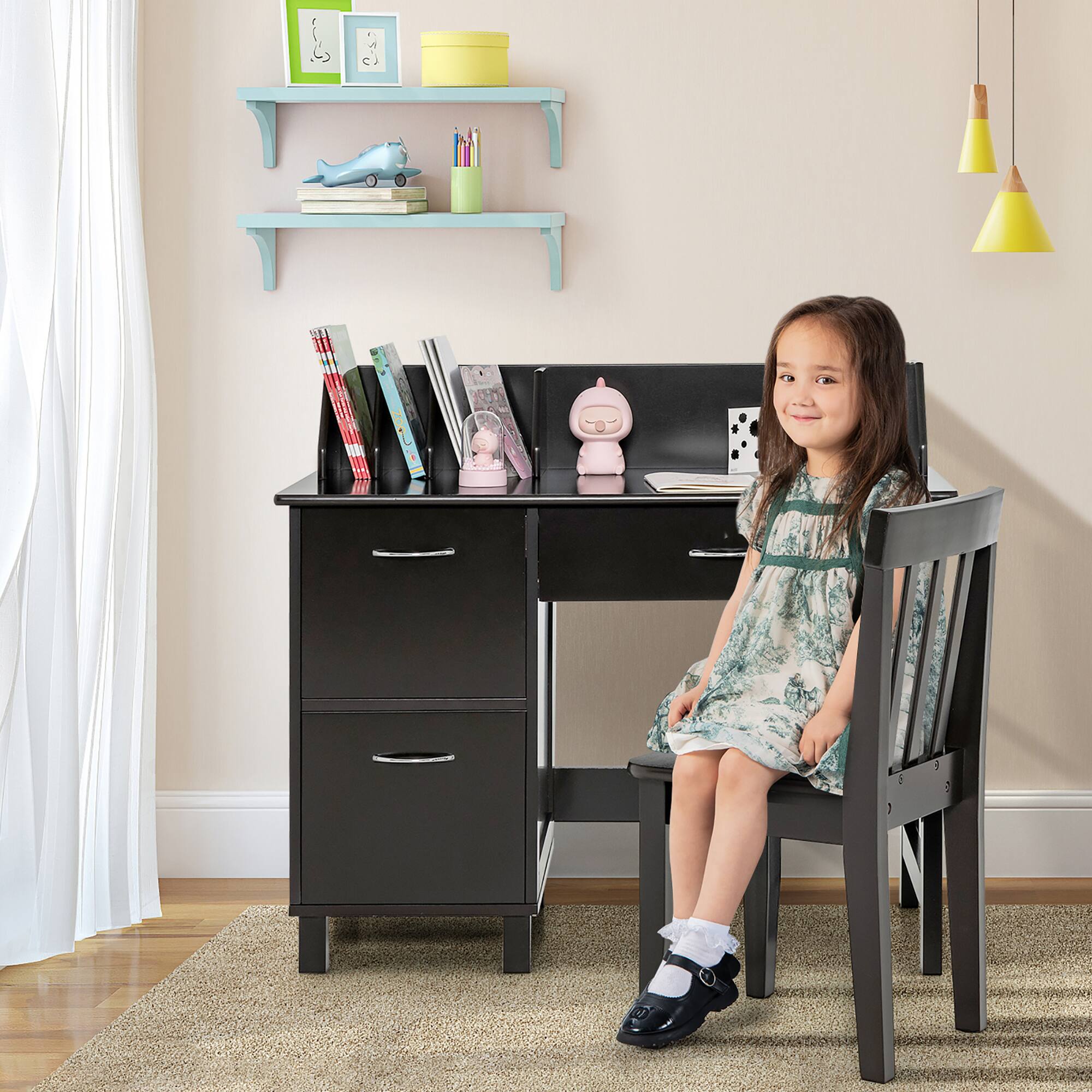 Alt View 9. Costway - Costway Kids Wooden Study Desk & Chair Writing Table w/Drawer Storage Cabinet - Dark Brown.