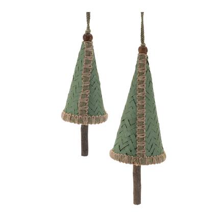 Front. BreeBe - Woven Bamboo Pine Tree Ornament (Set of 4) - Green, Beige.