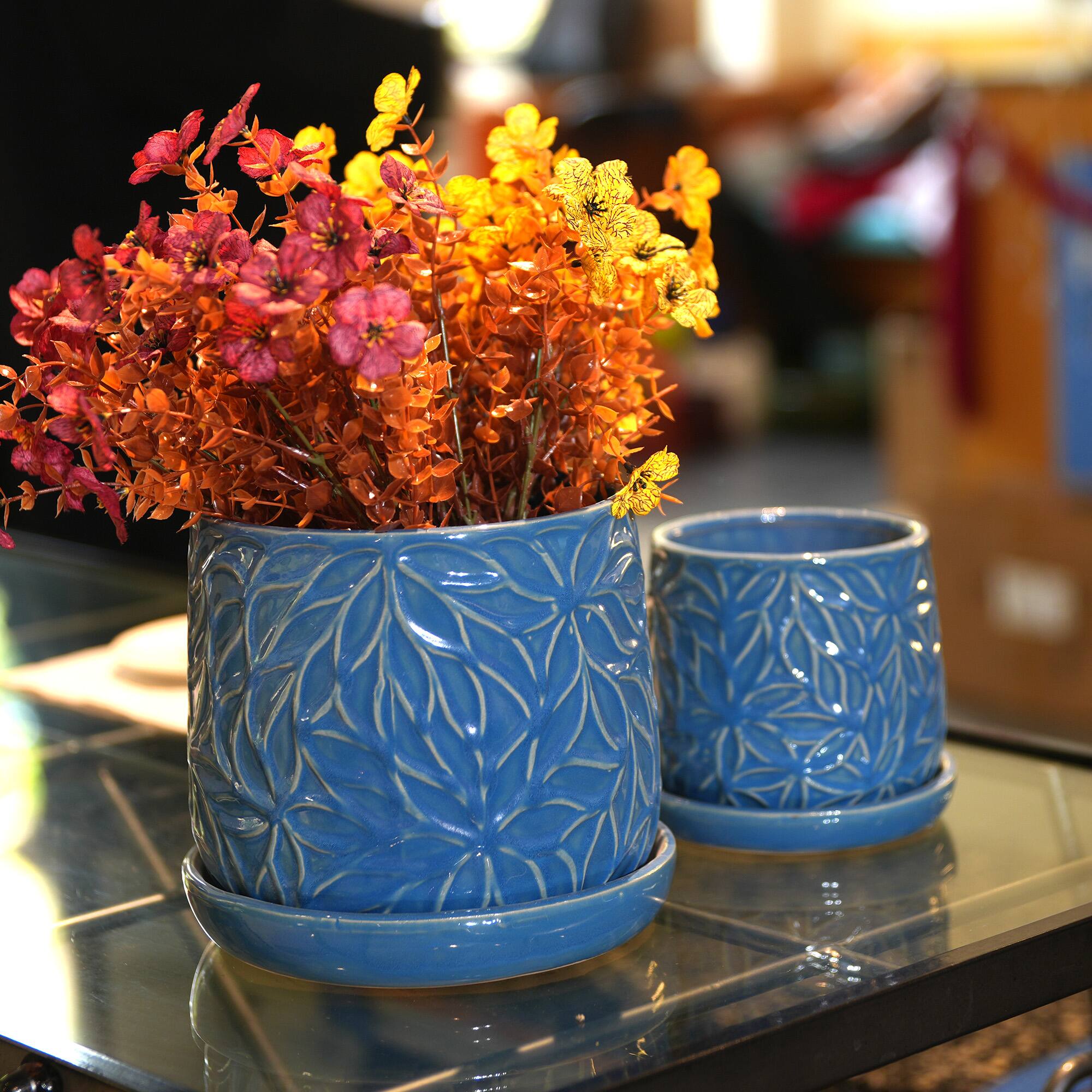 Back. Loheer - Ceramic Planter Set Loheer Handmade Blue Plant Pots with Saucers, Leaf Pattern, 6in and 8in for Succulents Herbs.