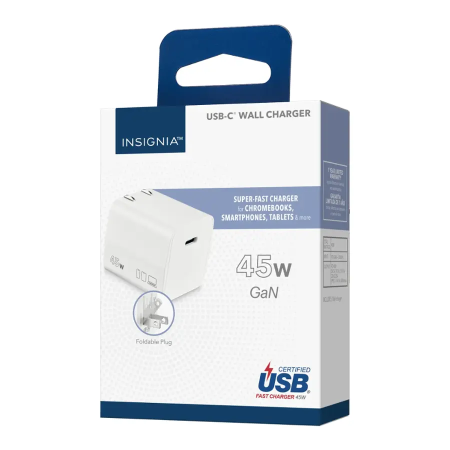 USB-C Wall Charger by Insignia - Super-Fast Charger for Chromebooks, Smartphones, Tablets - 45W GaN - Foldable Plug - Certified USB-C Fast Charger - 16.8 ft/5.1 m Cord - 17.2 x 20.1 x 1.38 in - White