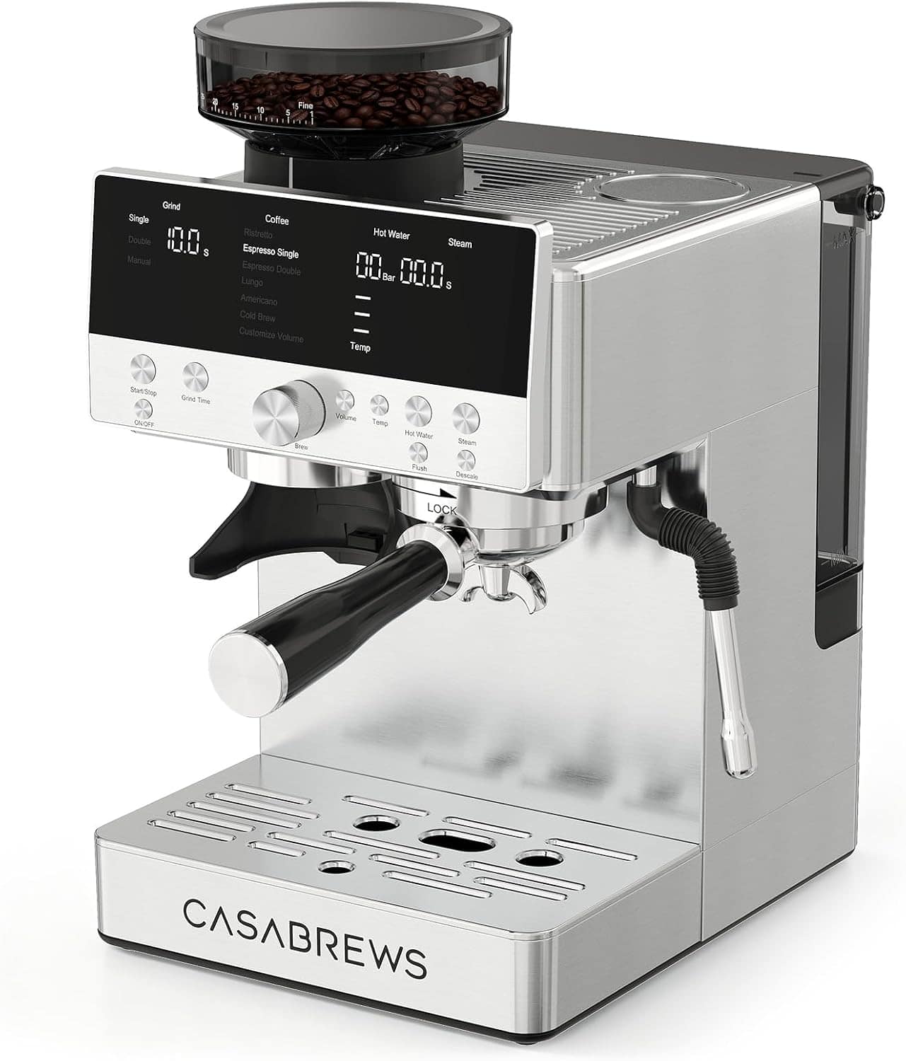 Casabrews - Marenza Espresso Machine with Grinder, 20-Bar Semi-Automatic Espresso Maker with 58mm Portafilter, 30 Grind Settings - Silver