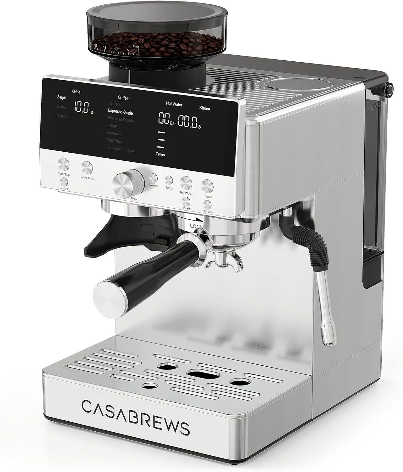 g)  
15  
10  
Fine 5 1  
Grind Single Double 10,0 $ Manual  
Coffee Ristretto Espresso Single Espresso Double Lungo Americano Cold Brew Customize Volume  
Hot Water Steam 00 Bar 00.0g $ Temp  
Start Stop QUOFF  
Grind Time  
Bres  
Volumo Temp  
Hot Water  
Steam  
Flush  
Descalcie  
LOCK  
CASABREWS