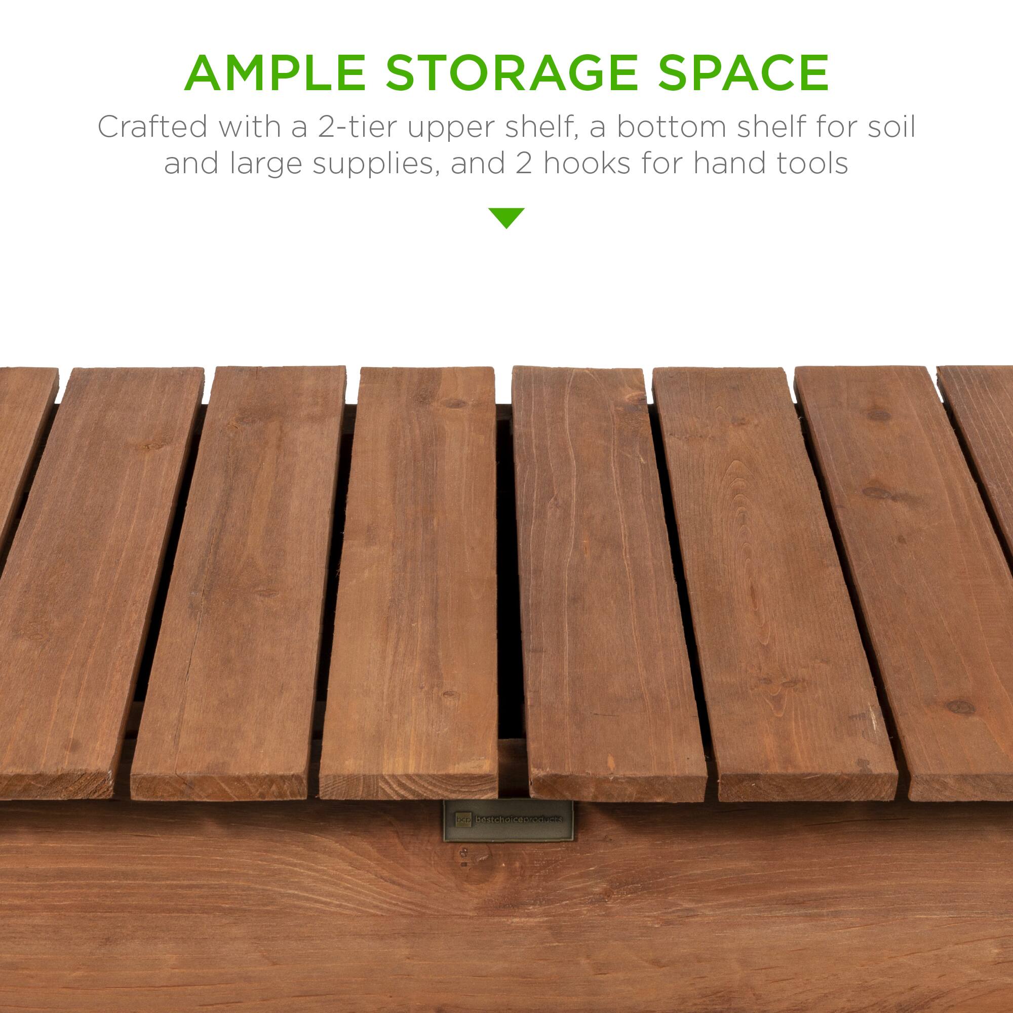 AMPLE STORAGE SPACE  
Crafted with a 2-tier upper shelf, a bottom shelf for soil and large supplies, and 2 hooks for hand tools