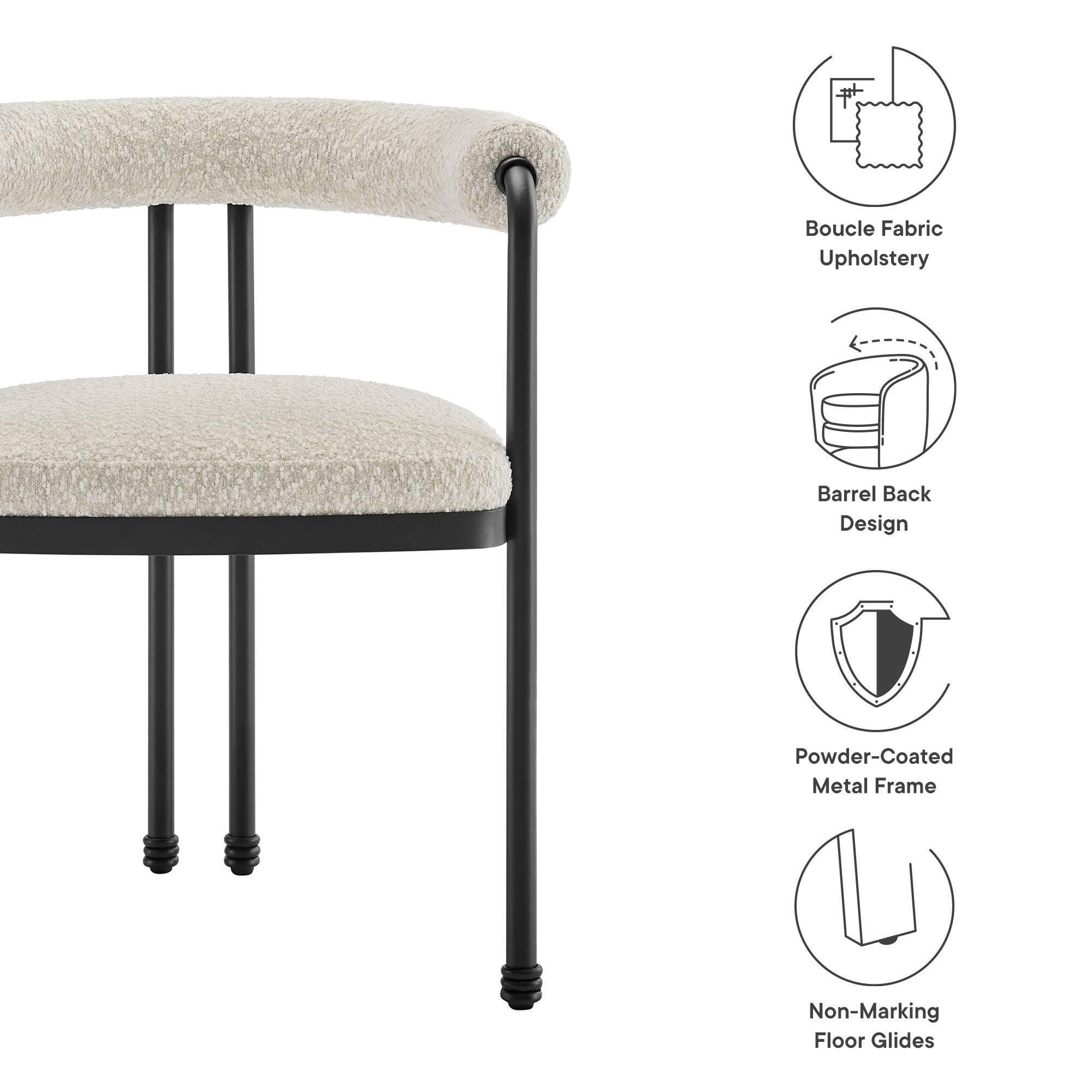 - Boucle Fabric Upholstery
- Barrel Back Design
- Powder-Coated Metal Frame
- Non-Marking Floor Glides