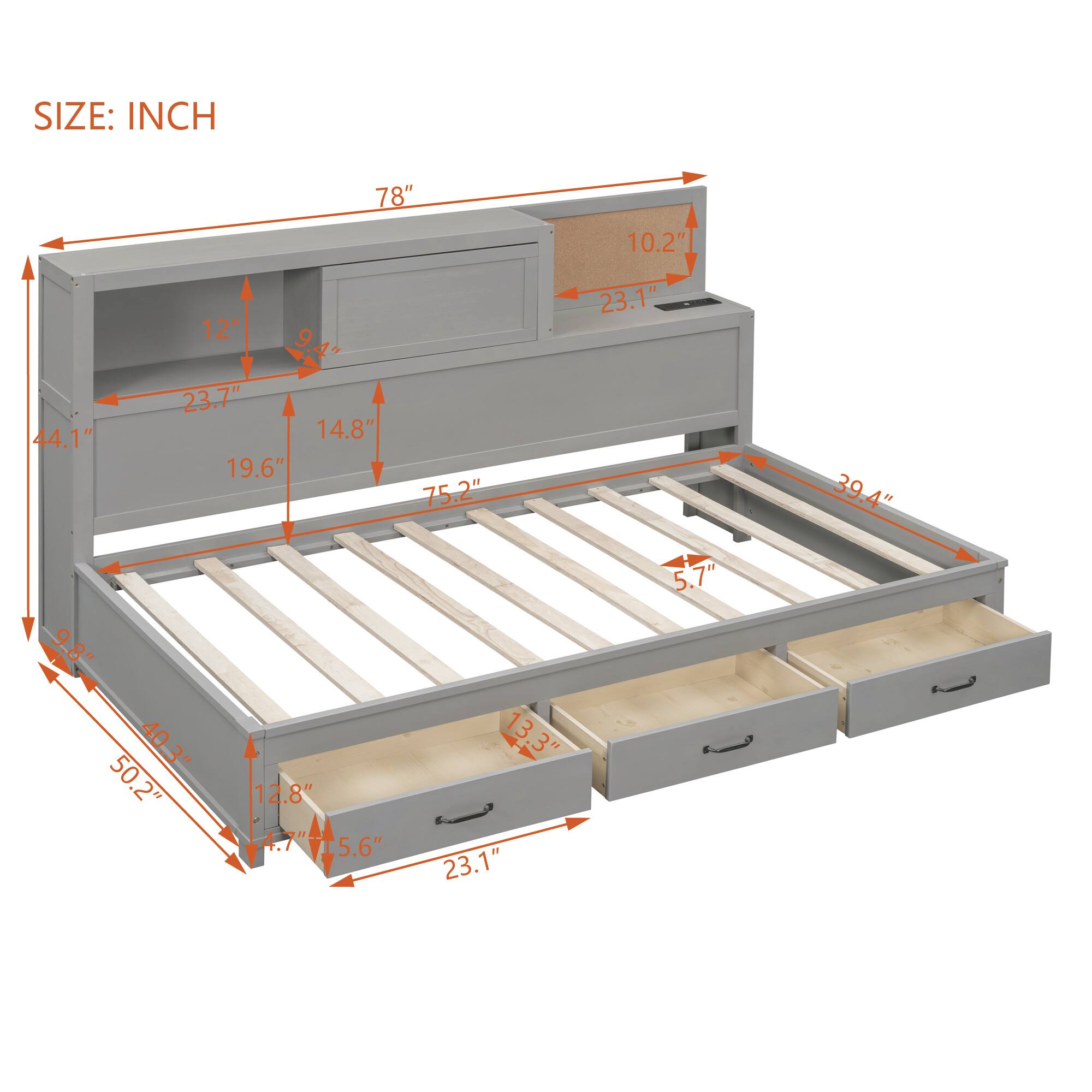 SIZE: INCH

- 78"
- 44.1"
- 75.2"
- 39.4"
- 50.2"
- 40.3"
- 10.2"
- 23.1"
- 23.7"
- 19.6"
- 14.8"
- 12"
- 9.8"
- 15.6"
- 13.3"
- 13"
- 5.7"
- 5.7"