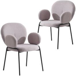 LeisureMod - Celestial 2-PCS Mid-Century Boucle Armchair, Cushioned Teddy Fabric Desk Vanity Dining Chair with Arms, Black Iron Legs - Gray