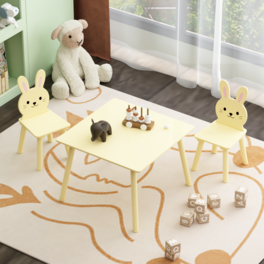 Tiramisubest - Kids Table Set with 2 Bunny Chairs,Children's Wooden Activity Table for Toddlers,Cute Animal Design Study Play Set - Yellow