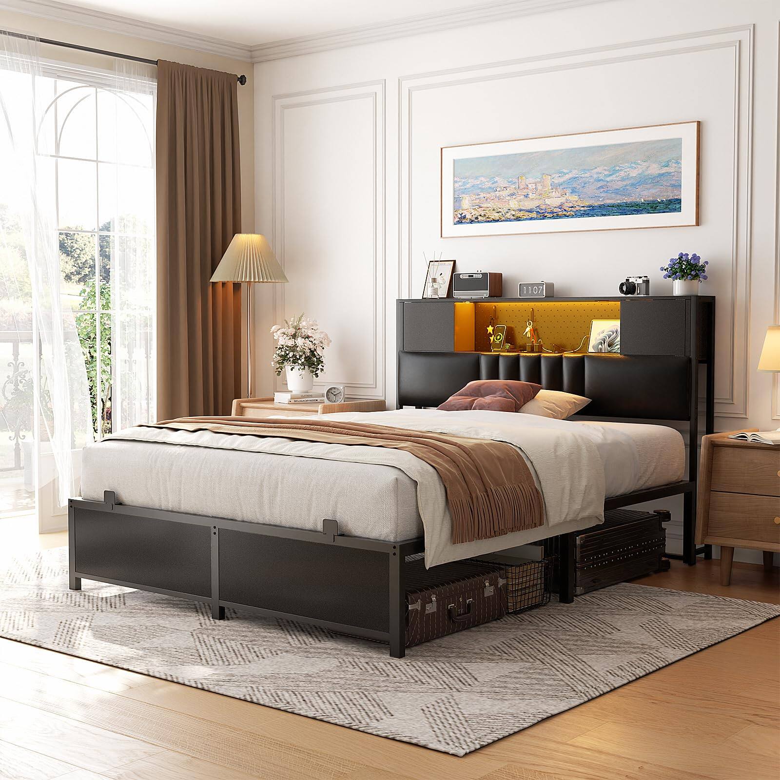 Angle. Aheaplus - Modern Bed Frame: Power Outlet & LED Lights, Headboard Storage, Quiet Support - Black.