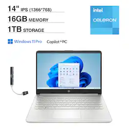 HP - 14 Laptop 14.0 HD Display (Intel Celeron N4500, 16GB DDR4, 1TB PCIe SSD, Intel UHD, Win 11 Pro) w/USB Hub - Snowflake White