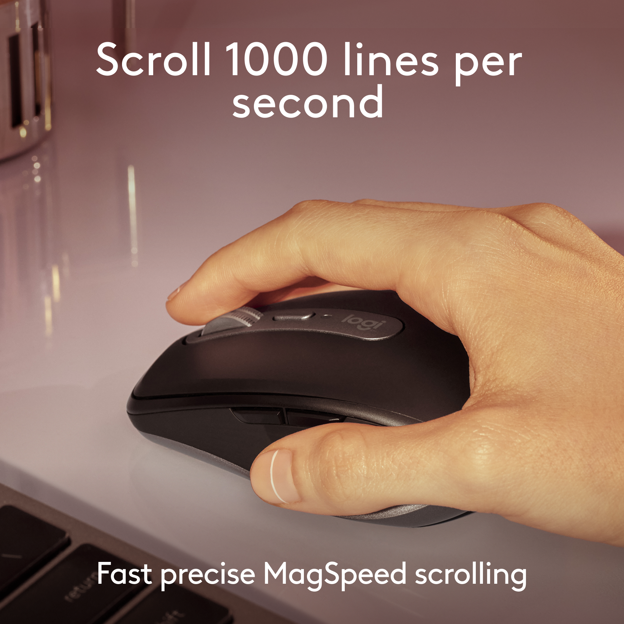The text on the image reads "Scroll 1000 lines per second logi Fast precise MagSpeed scrolling."
