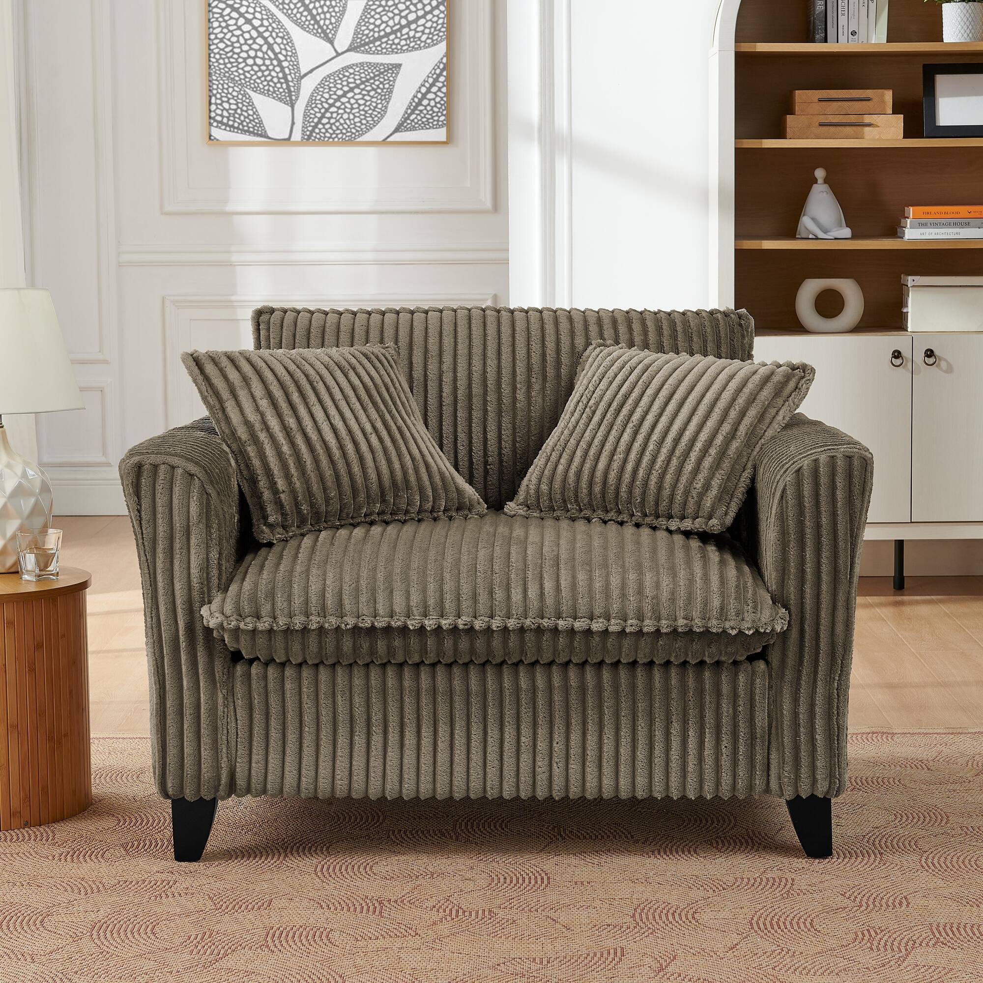 Angle. Trinkets Crazed - Wide Accent Armchair with Pillows,Corduroy Oversized Single Sofa, Chair and a Half with Wide Armrest for Living Room - Brown.
