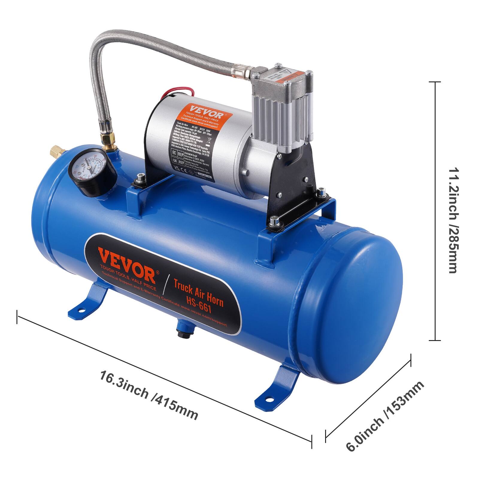 - Na - VEVOR taren NOL NL M Sak .. - C - - - I A - - - - - -   1 - S - - - - sm 1 EF anE  - - - T - n  VEVOR TOGM n TOOLS - HALP - Ueret PRICE Truck Air Centeate HS-661 Horn  
11 11.2inch /285mm 16.3inch /415mm /153mm 6.0inch