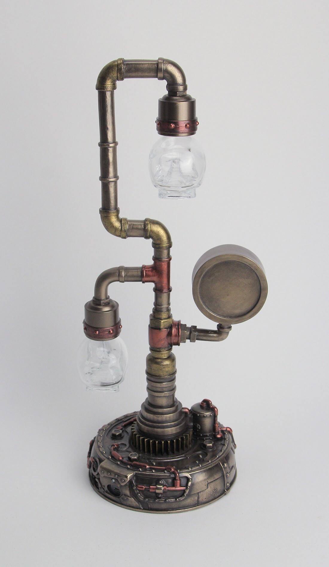 Alt View 3. Veronese Design - Steampunk Pipework Clock Stand USB Powered LED Skull Bulb Copper Accent Desk Light - Bronze.