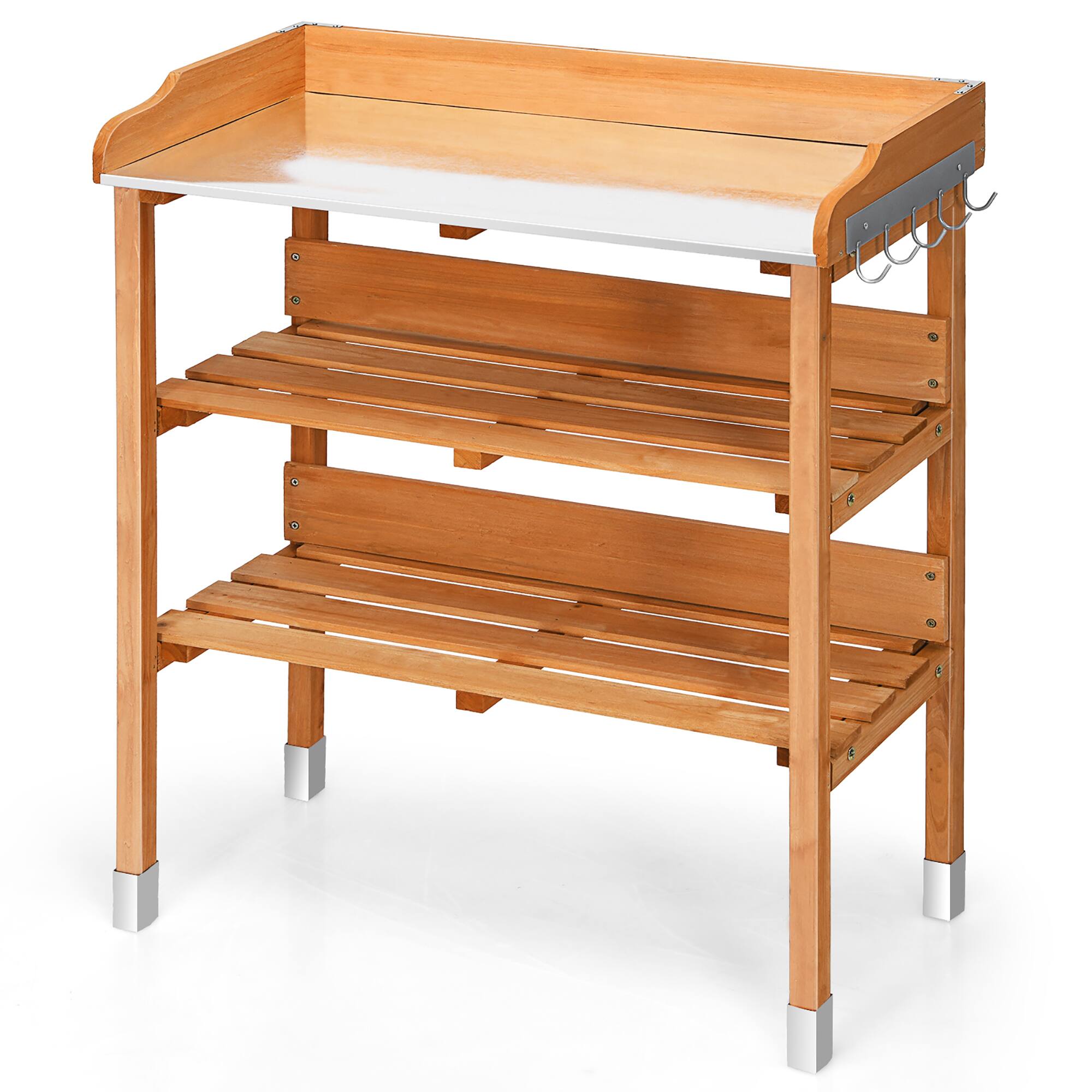 Costway - Garden Wooden Potting Bench Work Station Table Tool Storage Shelf W/Hook - Natural