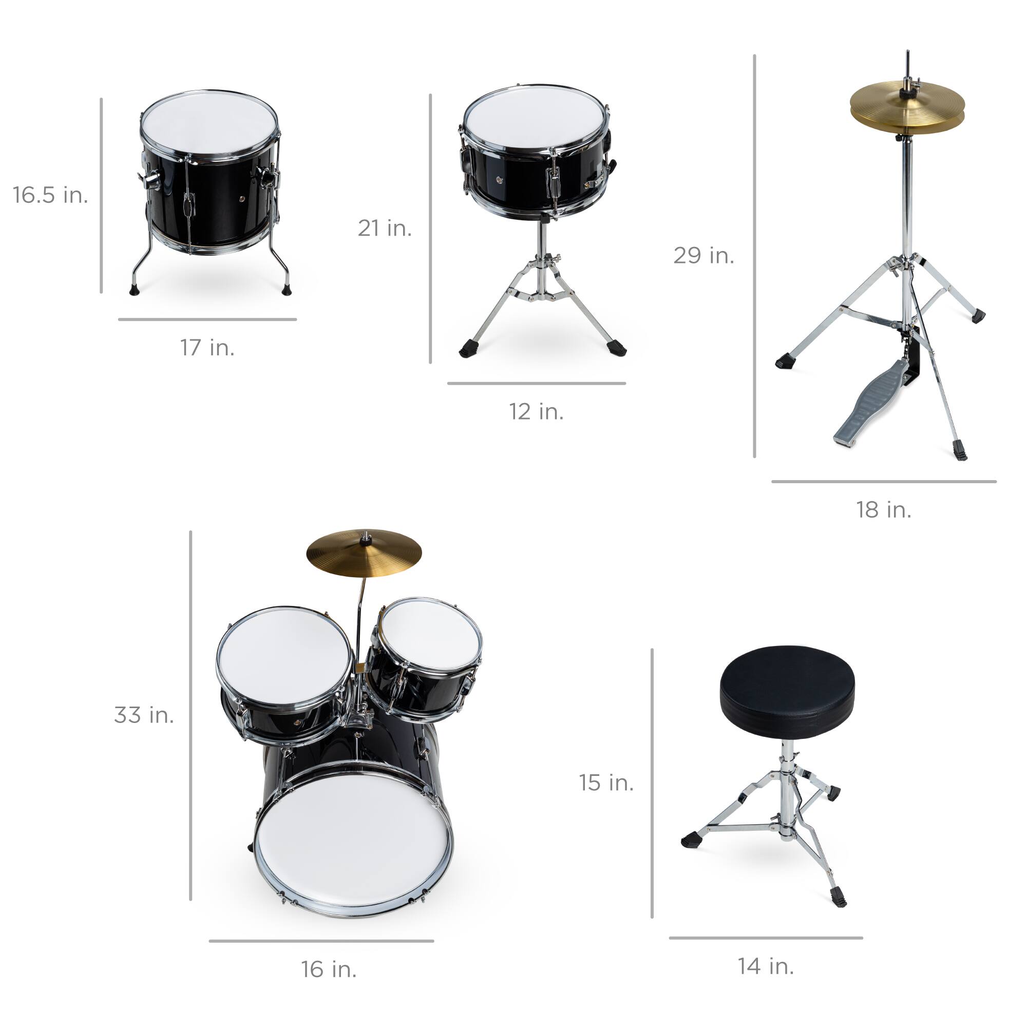 Here are the measurements grouped according to the image:

- **Snare Drum:**
  - Diameter: 16.5 in.
  - Height: 17 in.

- **Tom Drum:**
  - Diameter: 21 in.
  - Height: 12 in.

- **Cymbal Stand:**
  - Height: 29 in.

- **Cymbal:**
  - Height: 18 in.

- **Drum Set:**
  - Height: 33 in.
  - Diameter: 16 in.

- **Drum Stool:**
  - Height: 15 in.
  - Seat Diameter: 14 in.