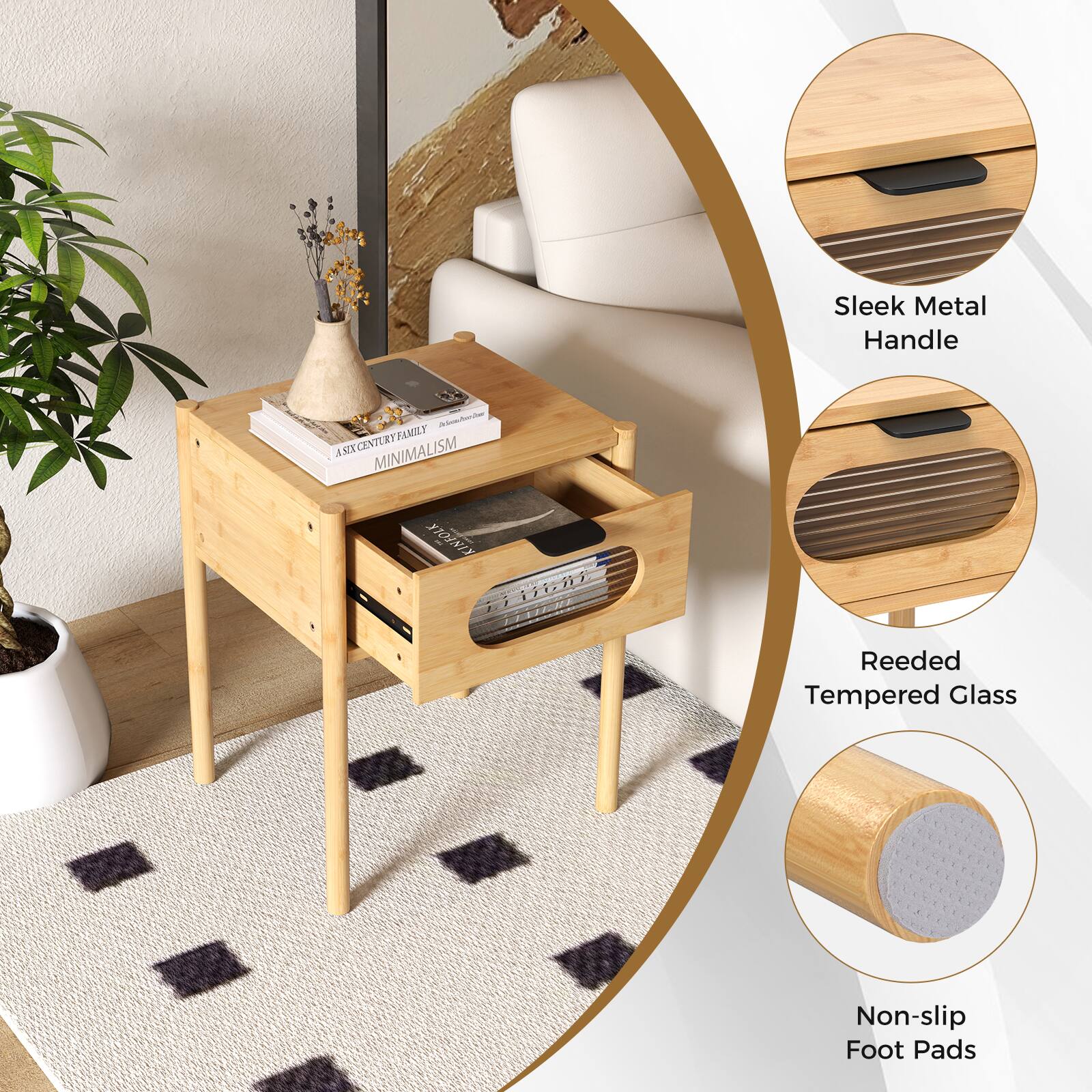 Sleek Metal Handle, Reeded Tempered Glass, Non-slip Foot Pads